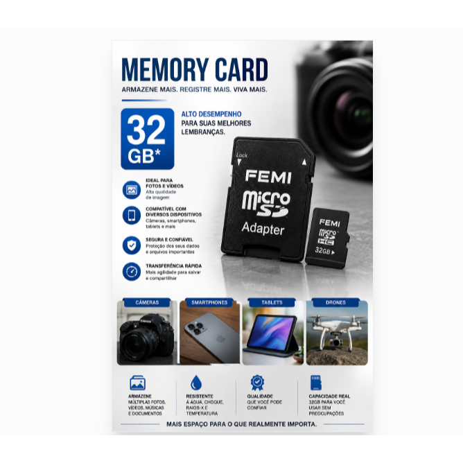 Cartão de Memória MicroSD 32GB com Adaptador SD – Mais Espaço, Mais Velocidade, Mais Segurança!