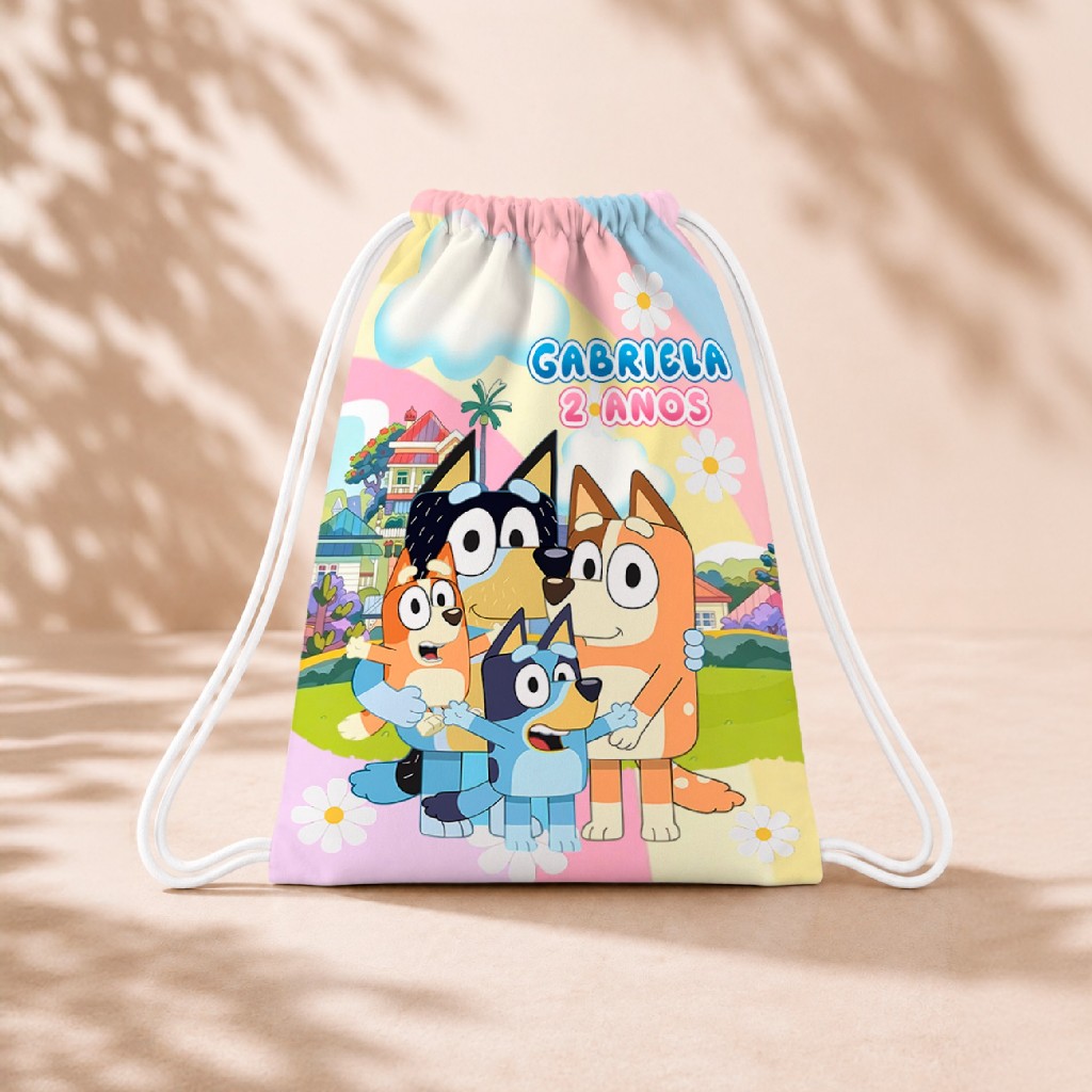 10 Mochila Personalizada Infantil 18x26 Sacolinhas Surpresa Festa Aniversário Lembrancinha Bluey e Pingo M2