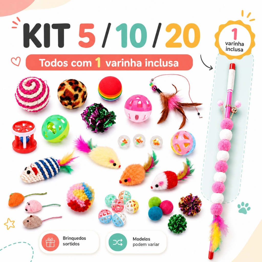 Kit Brinquedos para Gatos 5 10 20 Peças Sortidos com Varinha Ratinho Bolinha Pena Interativo Filhotes Adultos