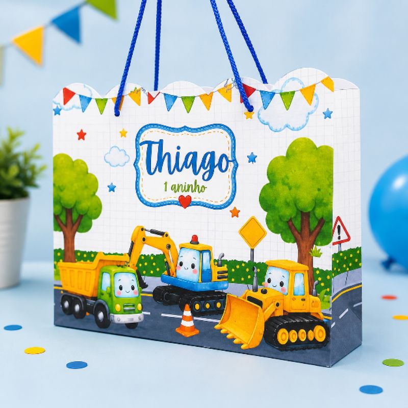 Sacolinhas Personalizadas Tema Construção Infantil com Nome e Idade – Lembrancinha de Aniversário 20x15x7cm