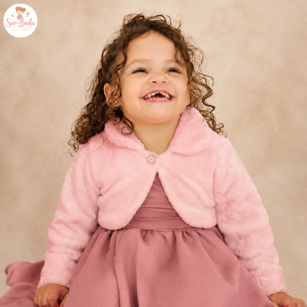 Bolero Infantil Plusher Menina Rosa Bebe Princesa Festa Luxo Pelinho Gola Casaco Fofo