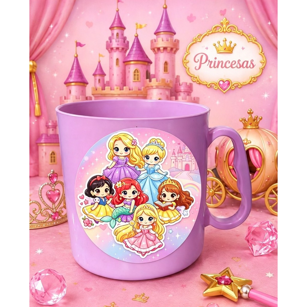 Kit 6 a 30 Canecas Personalizadas Princesas Infantil 390ml para Lembrancinhas de Festa Aniversário Menina