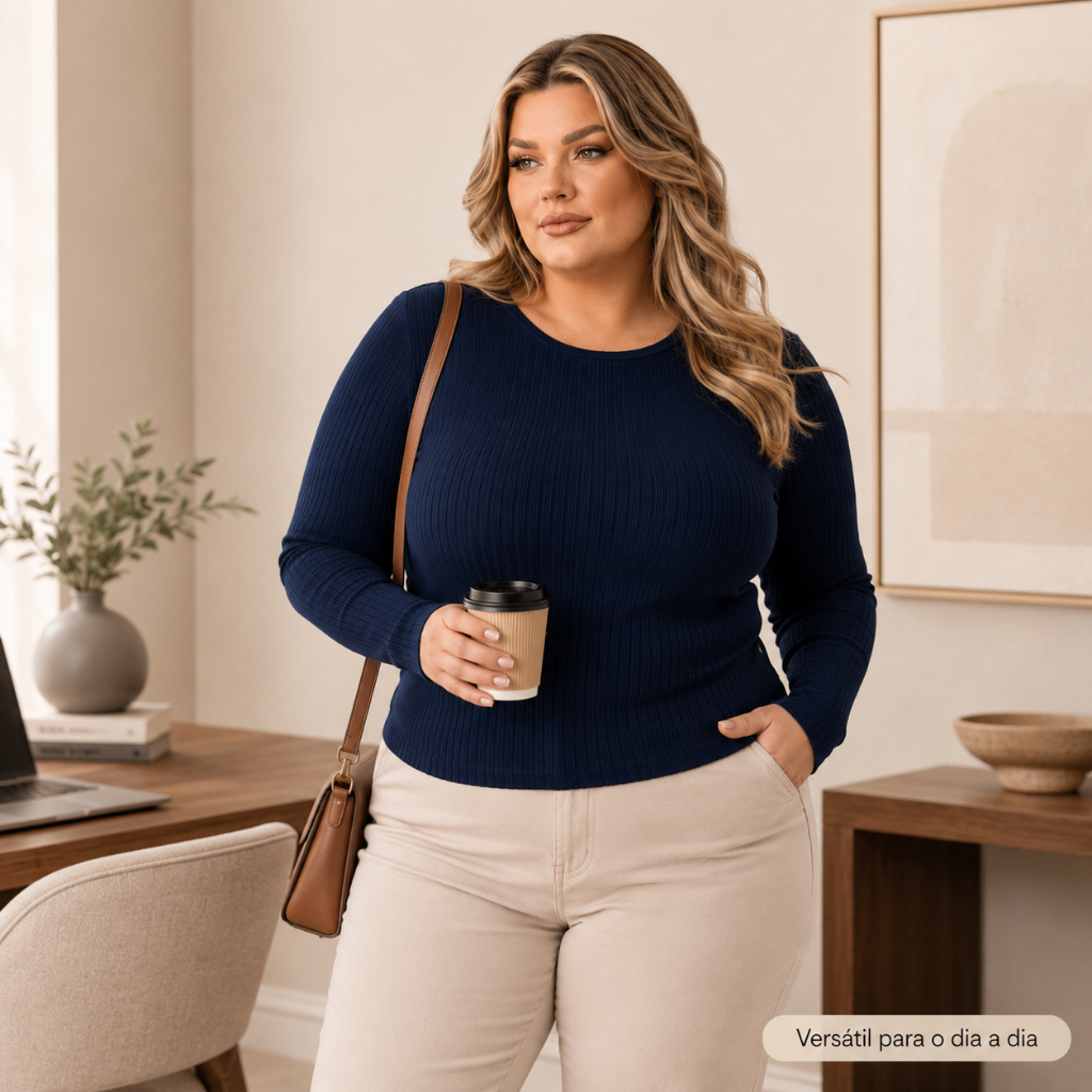 Blusa Canelada Longa Plus Size Gola Redonda Básica de Frio Elegante Casual Segunda Pele