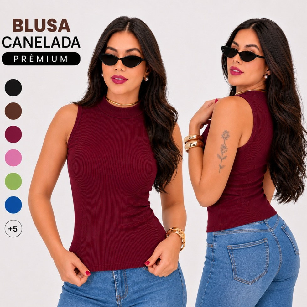 Blusa Gola Alta Regata Feminina Sem Manga Malha Canelada Premium Confortável Básica E Versátil