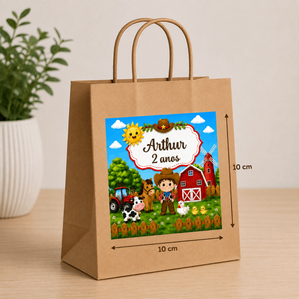 Adesivo Personalizado para Sacolinha Kraft 10x10 cm | Fazendinha | Festa Infantil | Lembrancinha