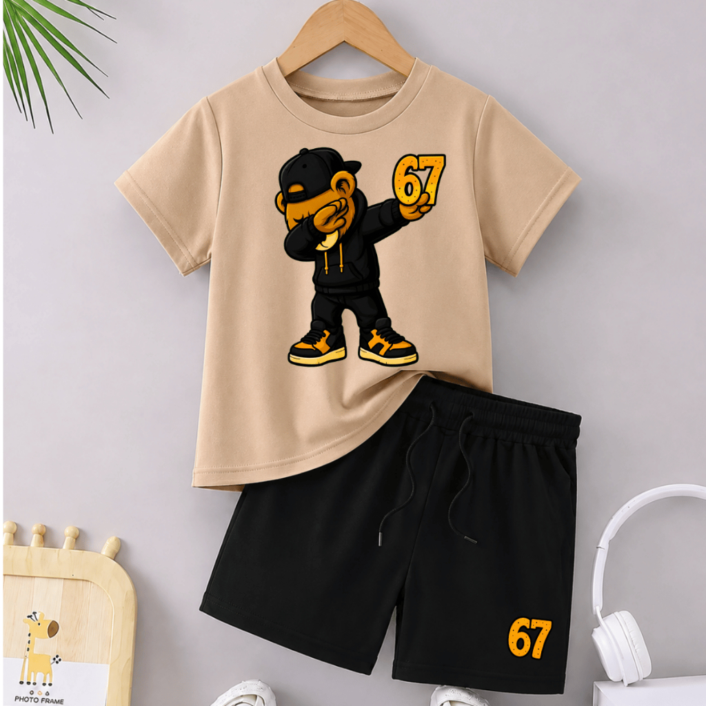 Conjunto infantil masculino camiseta e bermuda moletinho six sven urso estiloso 2 ao 16