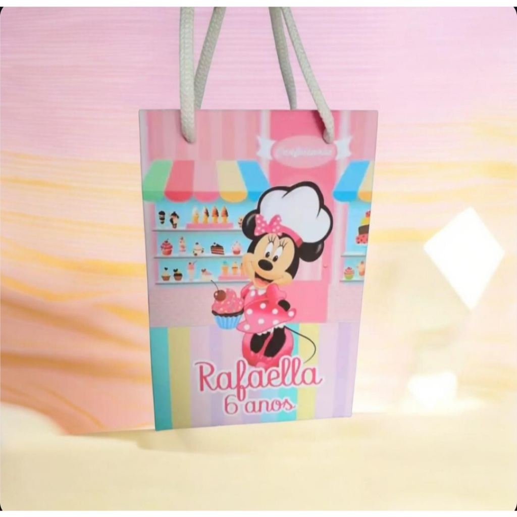 Sacolinha Personalizada com nome e idade 13x20 Confeitaria da Minnie  Festa Aniversário Lembrancinhas Personalizadas