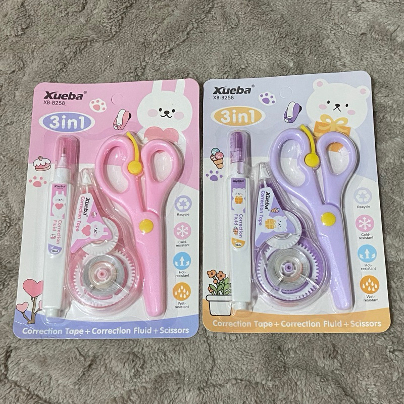 Kit Tesoura e Corretivos Kit de Papelaria Coelho Urso Rosa Roxo Lilás Papelaria Fofa