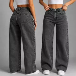 Calça Jeans Feminina Wide Leg Pantalona Grafite Marmorizada Cintura Alta 34 ao 44