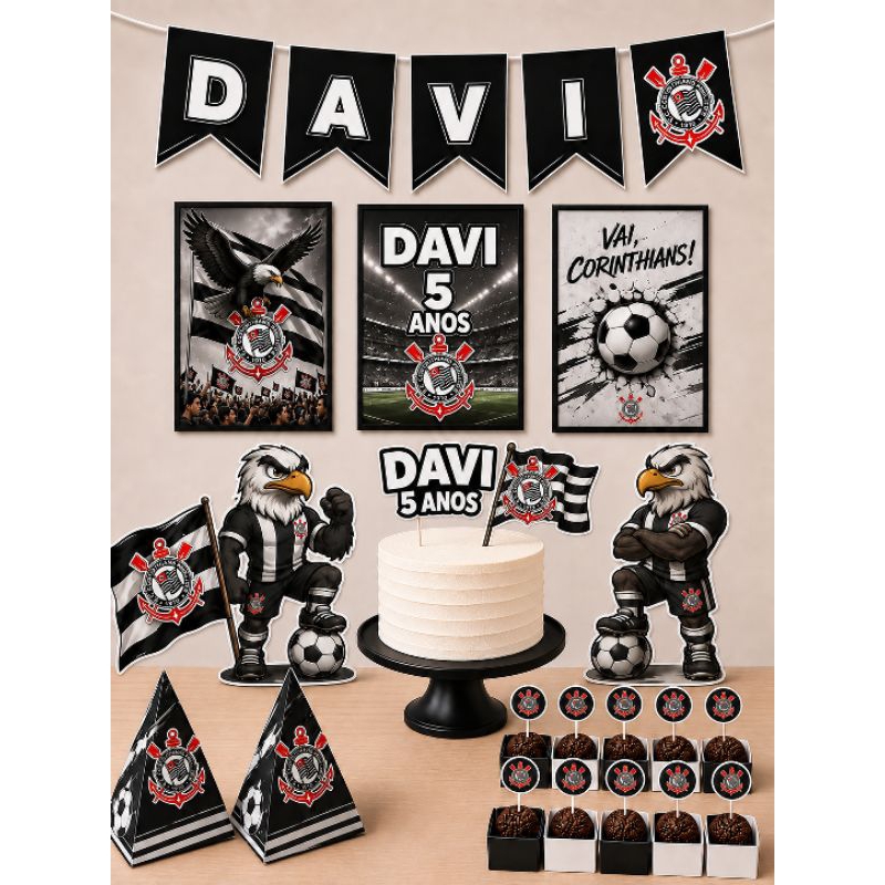 decoração festa aniversário mêsversário Corinthians kit só um bolinho Topper bolo bandeirola display