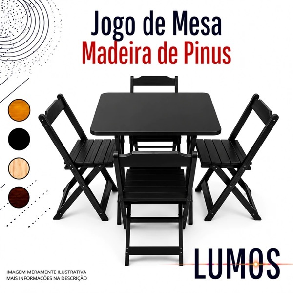 KIT JOGO DE MESA MADEIRA DOBRÁVEL COM 4 CADEIRAS - BAR RESTAURANTE ÁREA GOURMET
