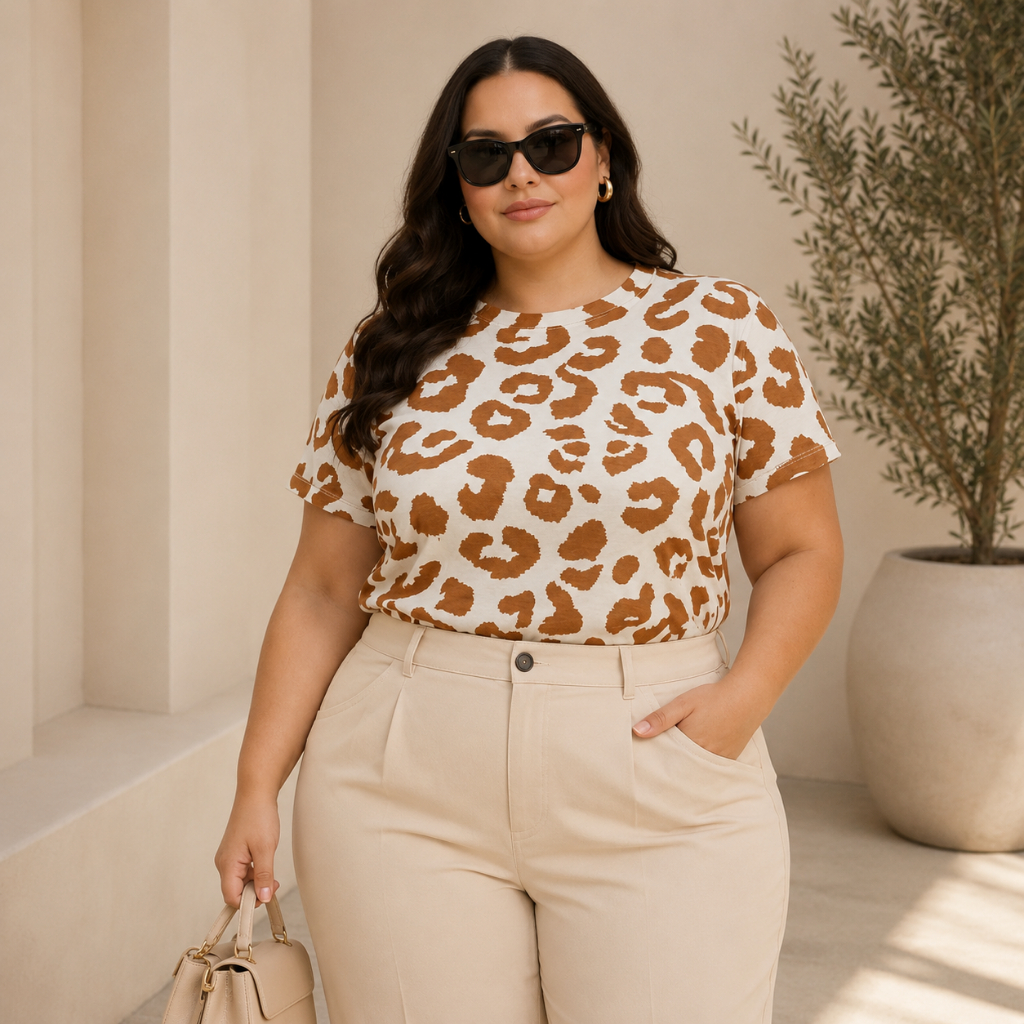 Camiseta Feminina Plus Size Animal Print Onça Viscolycra Manga Curta Gola Redonda Casual Confortável Moda Feminina
