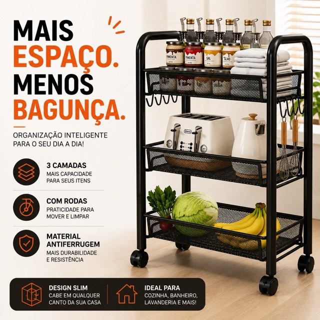 Carrinho Organizador Slim 3 Camadas com Rodas para Cozinha Banheiro Lavanderia Estreito 13cm Multiuso