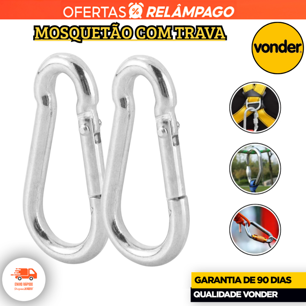 2 Mosquetão Com trava 4mm x 40mm EXTRA FORTE Vonder Pequenas Máquinas Equipamento Não Oxida Oferta