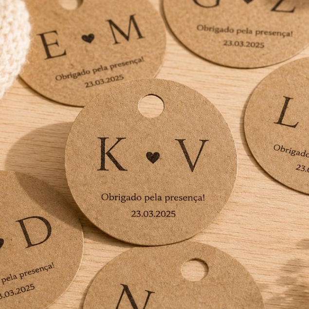 Tag Personalizada para Lembrancinhas Casamento com iniciais, agradecimentos e data do evento.