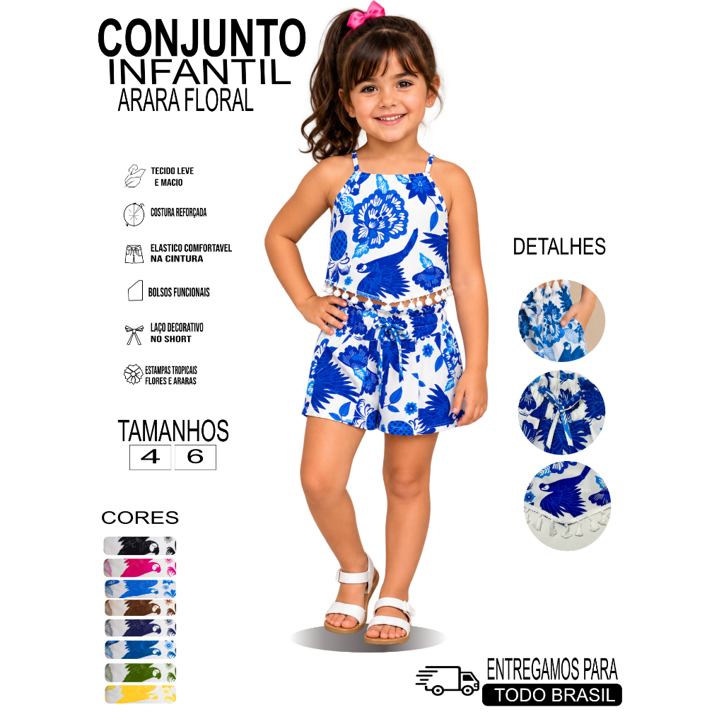 Conjunto Infantil Feminino Crepinho Estampado Araras Blusa e Short com Bolsos tamanho 4 e 6