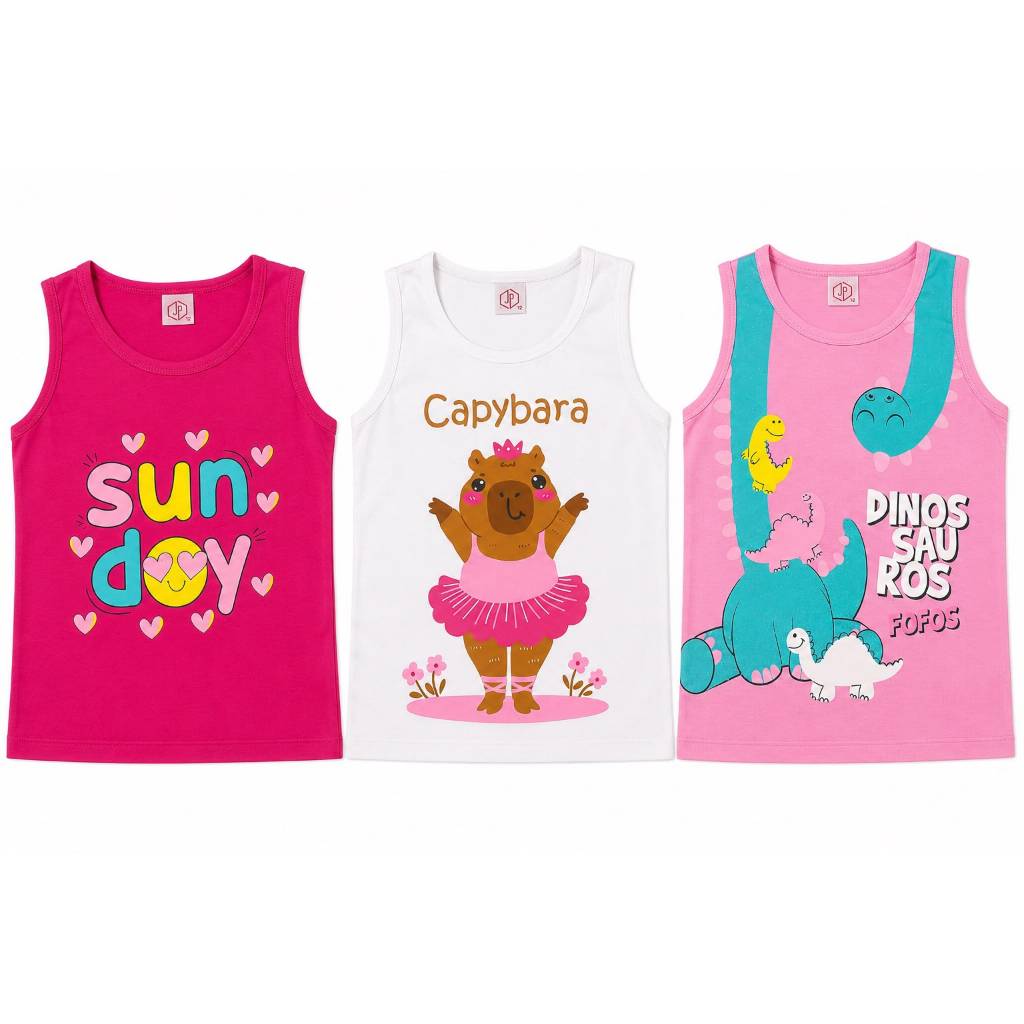 Kit 3 Regatas Sortidas Menina Infantis Estampadas 1 a 14 Anos