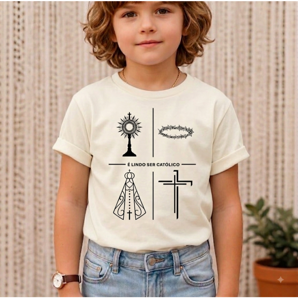 Camiseta Infantil Religiosa É Lindo Ser Católico Estampa Cruz 100% Algodão Infantil Juvenil Criança Igreja Uso Diário