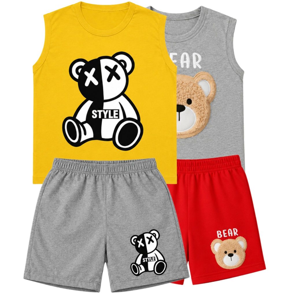Kit 2 Conjunto Infantil Masculino Regata + Bermuda Tactel Verão Sortidos Urso Casual Confortável Para o Dia a Dia