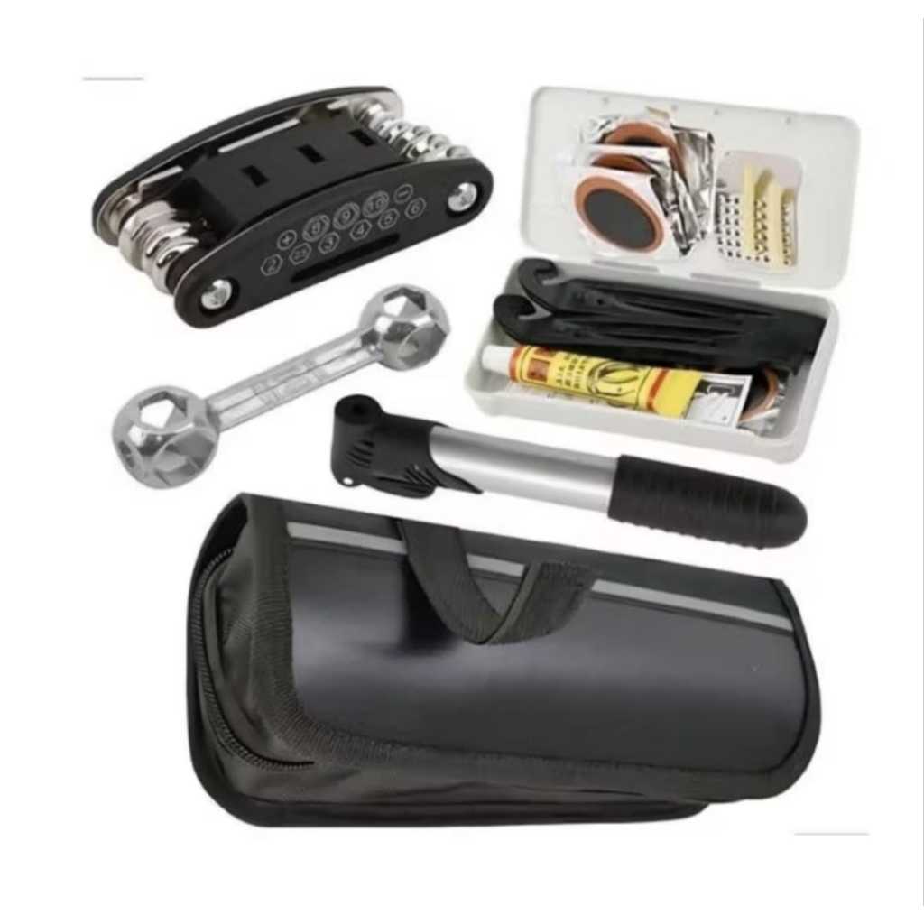 HYQ1959Kit Ferramentas para Bicicleta Chaves, Bomba de Ar, Remendos e Bolsa de Quadro
