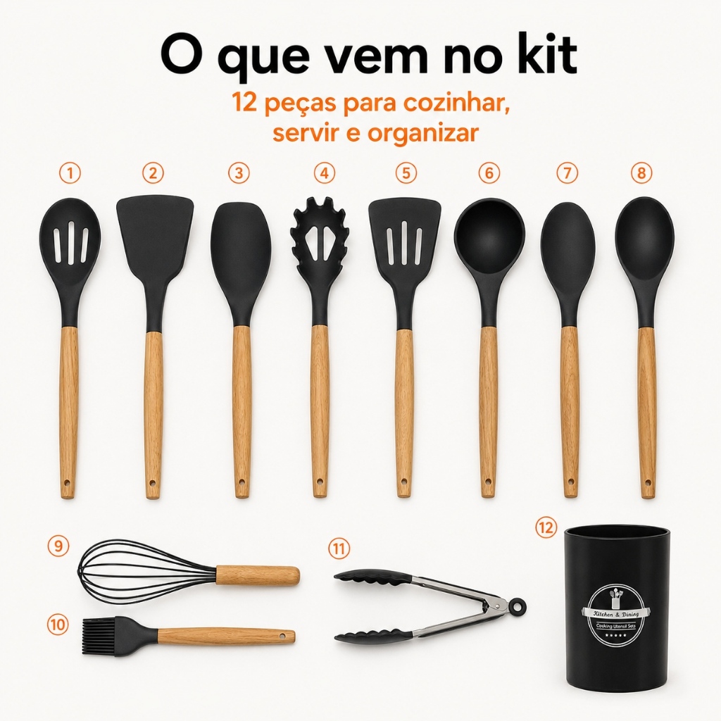 Kit de Utensílios de Cozinha 12 Peças de Silicone com Cabo de Madeira e Suporte para Panelas Antiaderentes