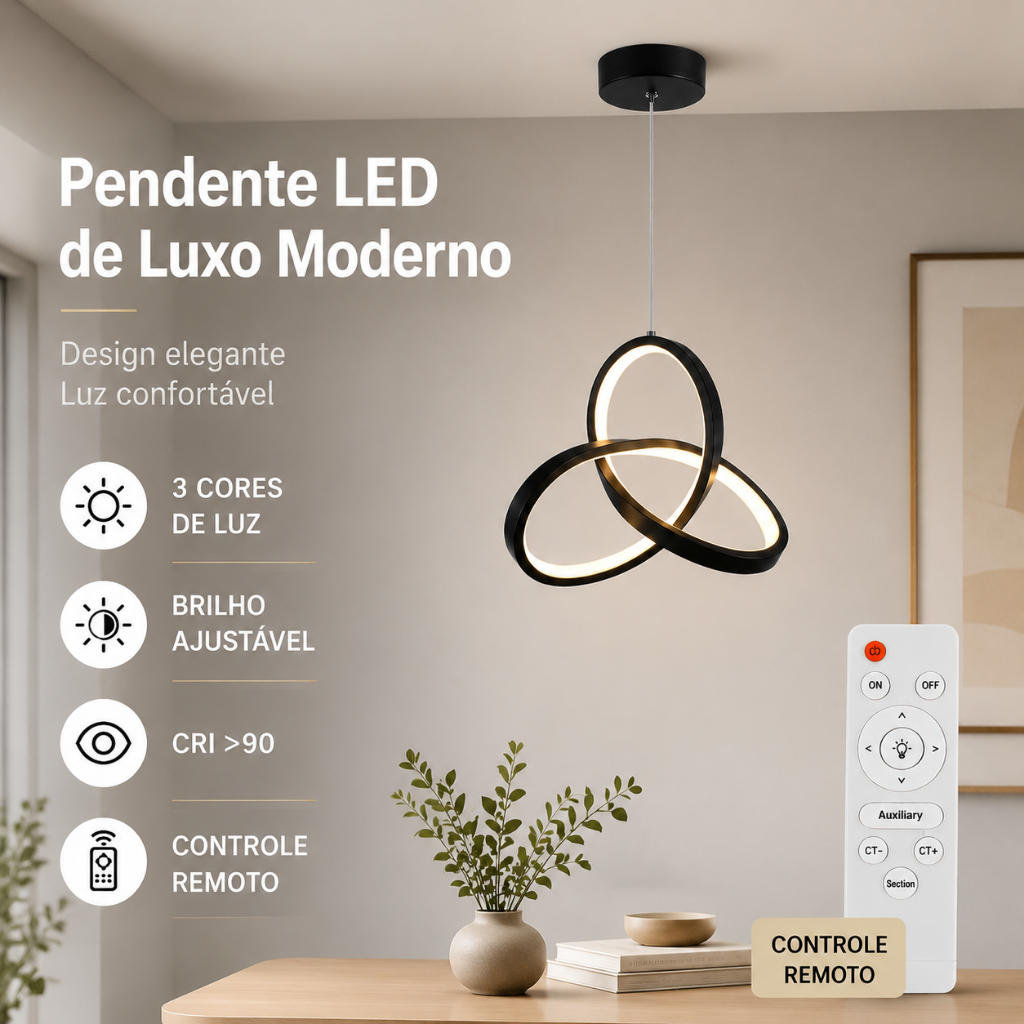 Luminária de Teto Lustre Pendente LED Moderno com Três Cores de Luz para Sala, Quarto, Cozinha e Ambientes Internos