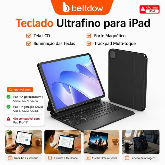 Bettdow Teclado Mágico para ipad A16 2025 Pro 11 Air 4 5 6 10th Gen Caso Teclado Bluetooth Sem Fio iPad não incluíd