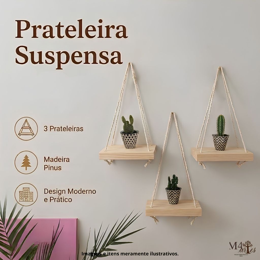Prateleira Suspensa De Madeira 1 Andar Nicho De Parede Corda Rústica Decorativa Sala Quarto Banheiro