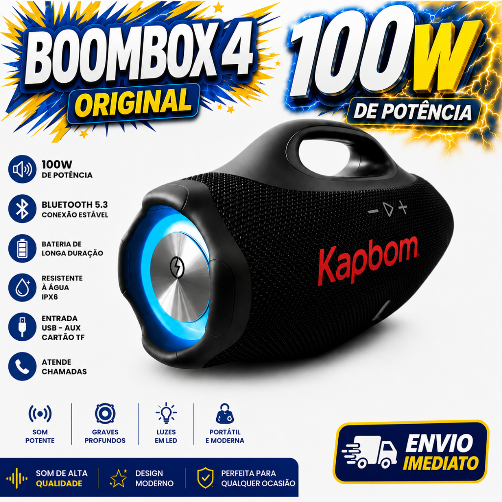 BOOMBOX 4 Caixa de Som POTENTE 100W / 50W RMS Portátil Bluetooth Rádio FM TWS AUX Prova D' Água