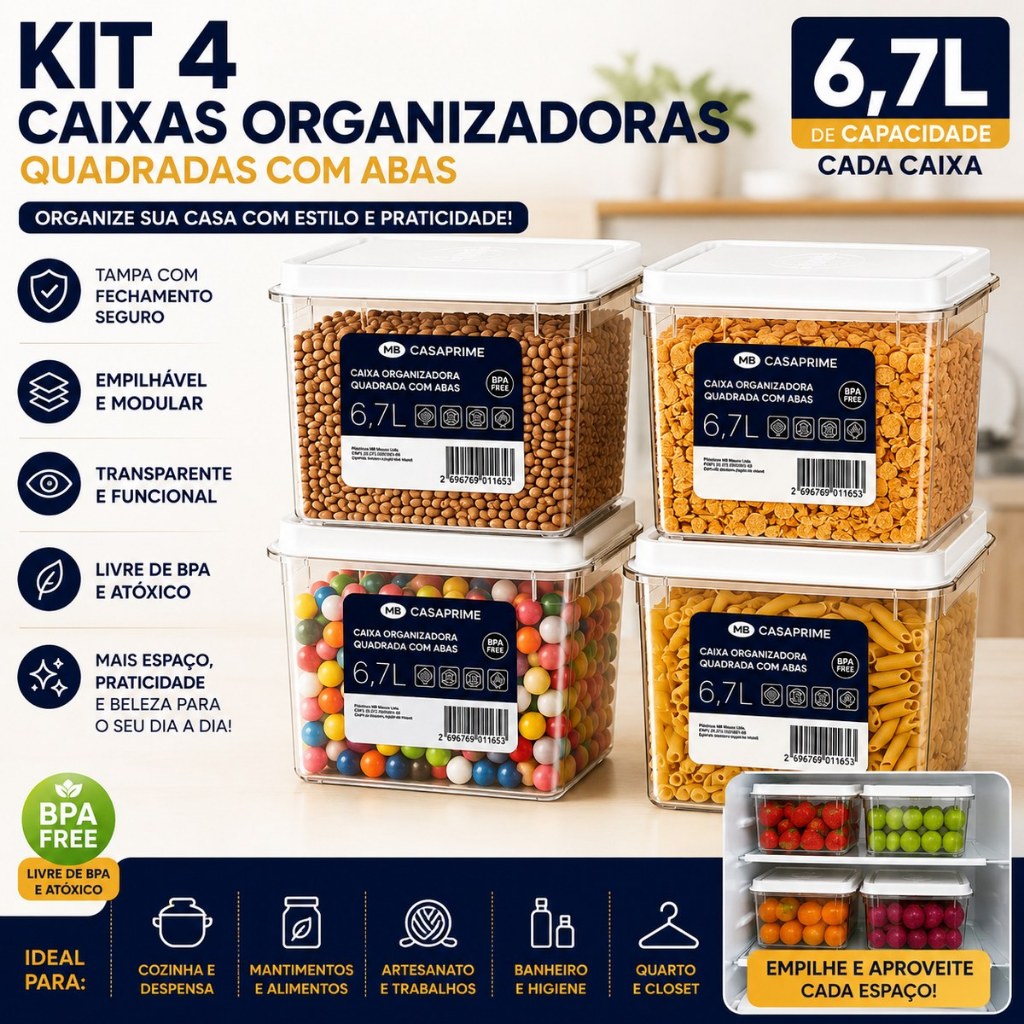 Kit 4 Caixas Organizadoras 6,7L Potes Quadrados Transparentes com Tampa Empilháveis Cozinha Despensa Mantimentos