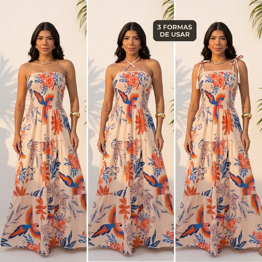 Vestido Longo Estampado com Alcinha Ajustável Feminino Leve Confortável