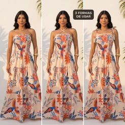 Vestido Longo Estampado com Alcinha Ajustável Feminino Leve Confortável