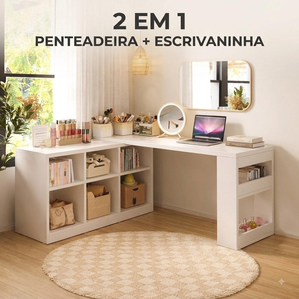 Yesop Penteadeira Escrivaninha 2 em 1 Mesa em L ou Reta Multifuncional Branca