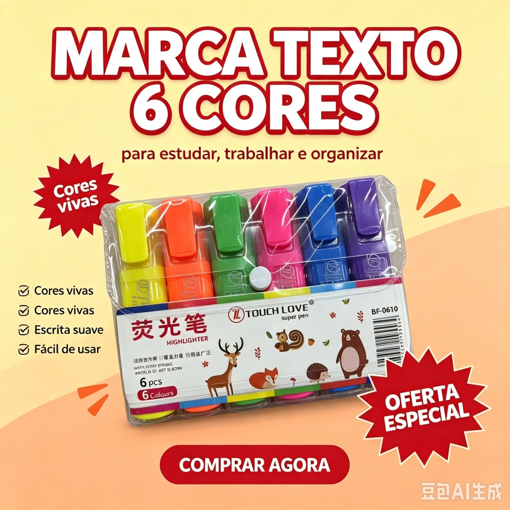 Canetas Marca Texto 6 Cores Não Transborda para Caderno Estudante e Presente