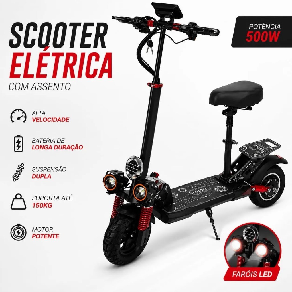 Patinete Elétrico 800W 10 Polegadas 40km/h 12.5Ah Scooter Adulto Autonomia 36km LED RGB