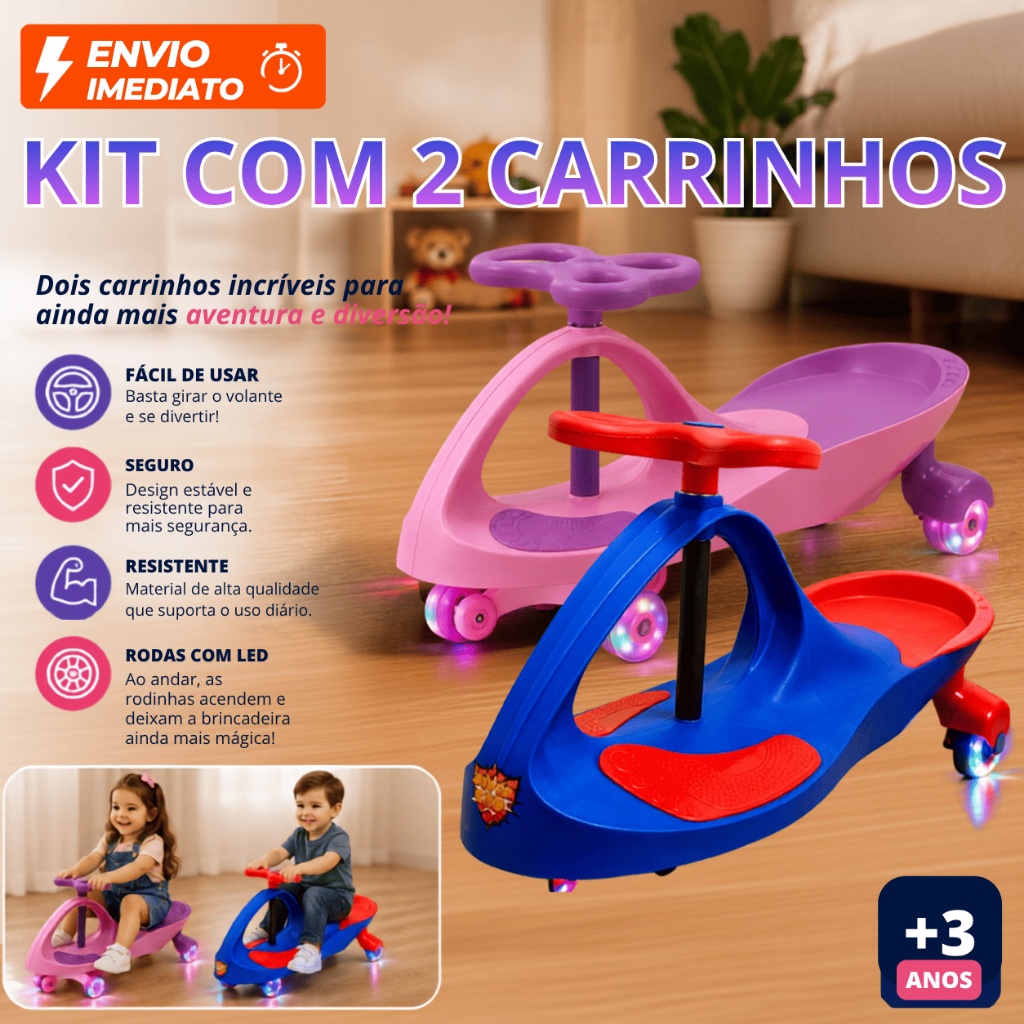Kit com 2 Carrinho de Rolimã Infantil Gira Gira Car Premium com Volante 360º Graus Meninos e Meninas
