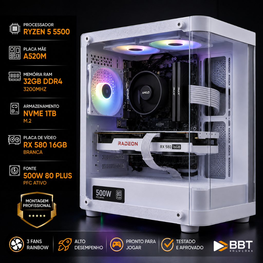 PC Desktop Gamer AMD Ryzen 5 5500, Placa mãe A520M, 32Gb de Ram, SSD de 1tb, Fon