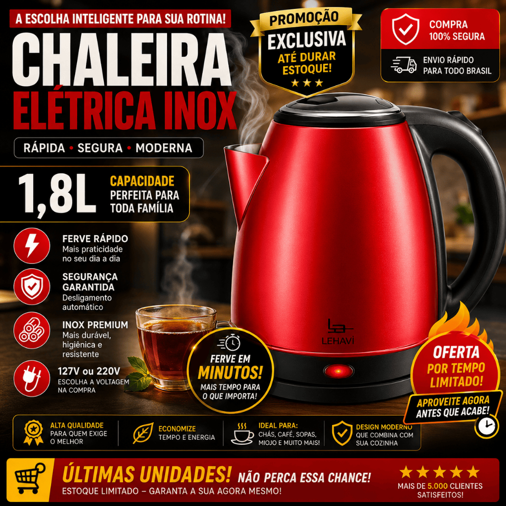 Chaleira Elétrica Inox 1,8L 220V Desligamento Automático Vermelha, Inox Base Giratoria 360 Graus