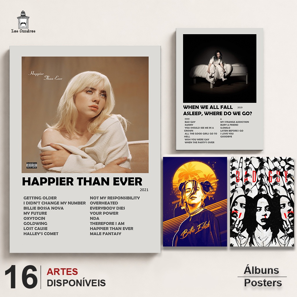 Quadro Placa Decorativa Billie Eilish Happier Than Ever em MDF 28x20cm