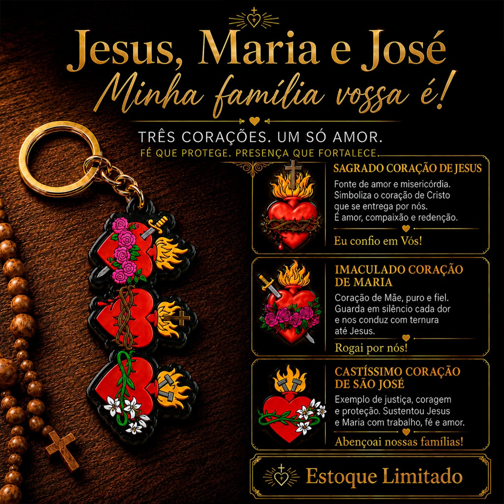 Chaveiro Religioso 3 Sagrados Corações | Jesus, Maria e José | Católico Fé Proteção Presente