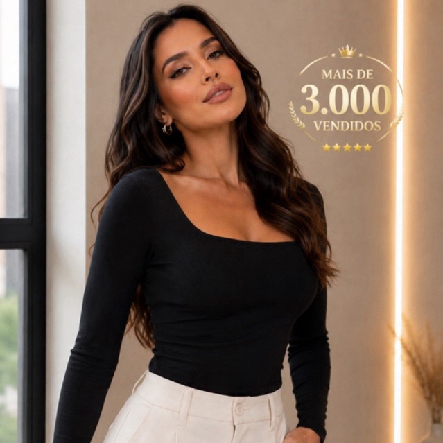 Body Feminino Gola Quadrada Manga Longa Suplex Inverno Casual Tendência