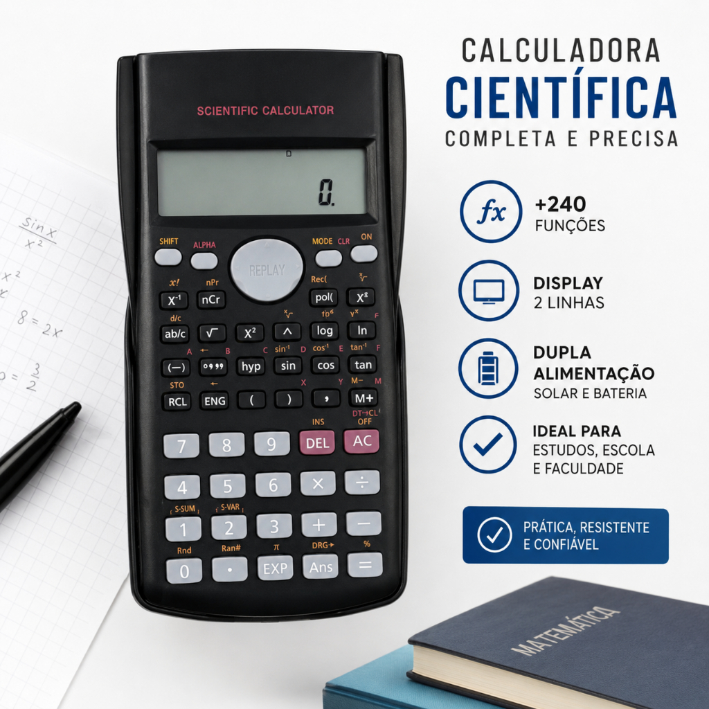Calculadora Cientifica 240 Funções Preta Escuro C/Capa Protetora Escola Faculdade
