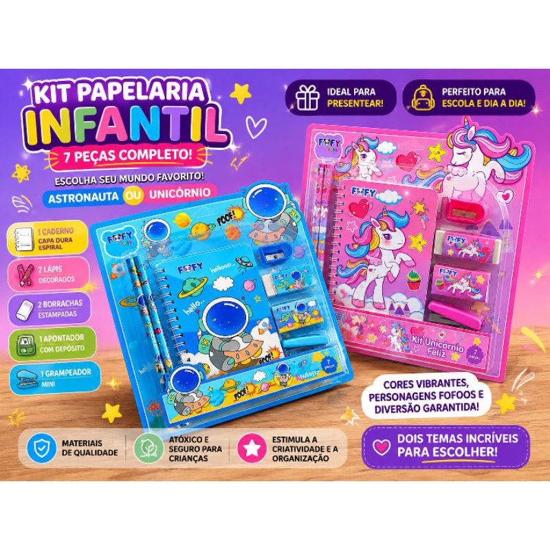Kit Papelaria Infantil 7 Peças Completo Unicórnio ou Astronauta - kit papelaria fofa
