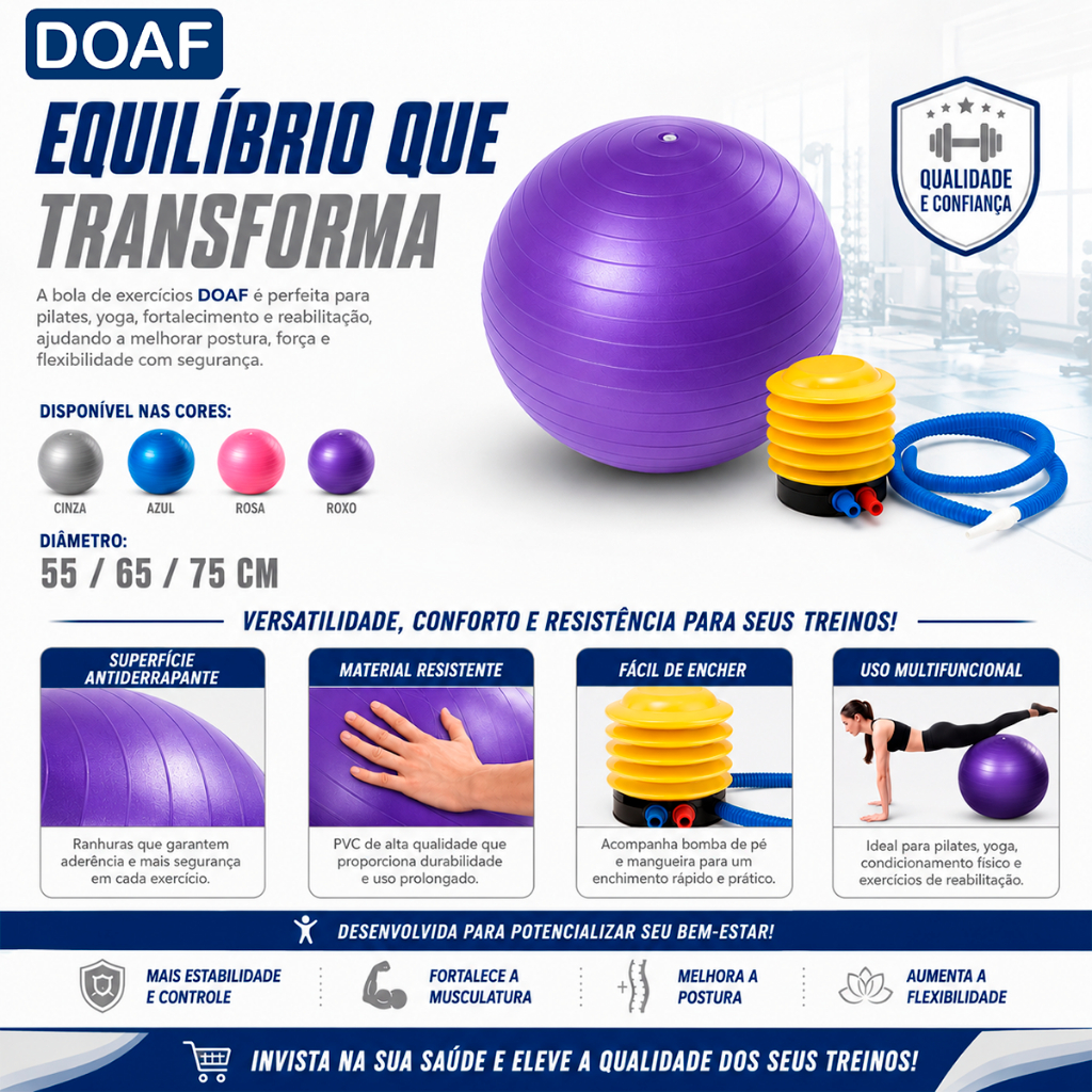 Bola Suiça de Pilates Ioga 65cm Anti Explosão com Bomba