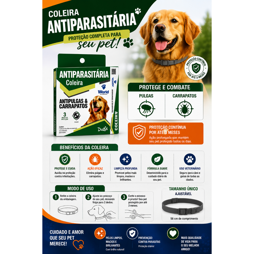 Coleira Dugs Antipulgas e Carrapatos World Veterinária