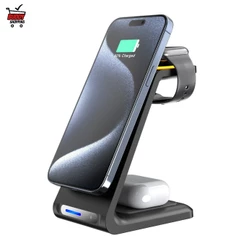 Carregador Sem Fio Magnético 3 em 1 15W Anatel Suporte Indução para Celular Smartwatch Preto