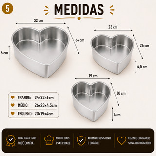Jogo de Formas Coração 3 Peças Alumínio para Bolos Tortas e Sobremesas