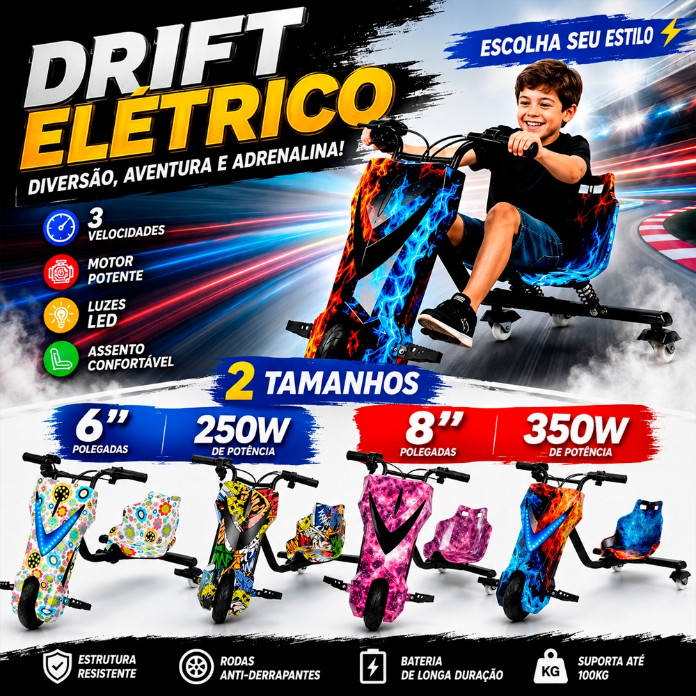 Triciclo Infantil Elétrico 8' Poleg. com Bluetooth MP3 3 Velocidades