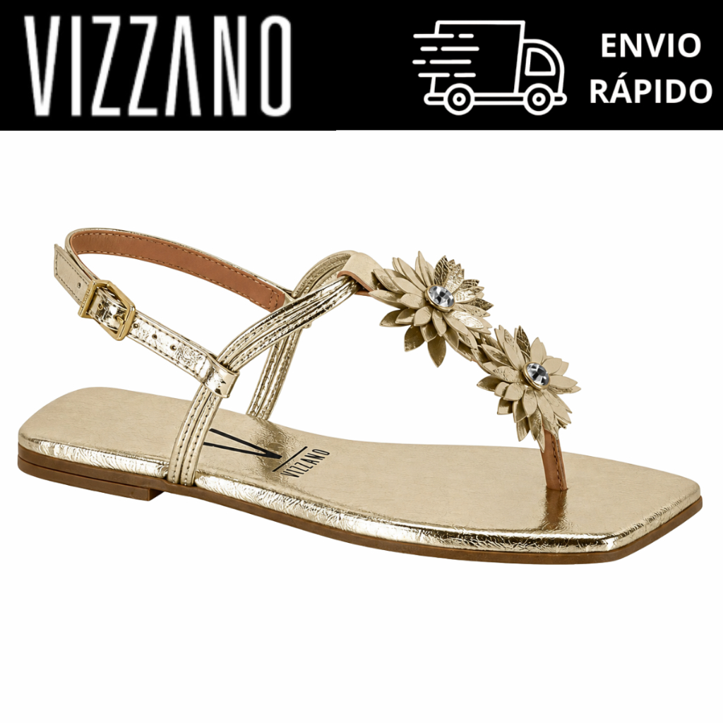 Sandália Rasteira Vizzano Feminina Dourada Flor Strass Bico Quadrado Confortável Elegante Original 6553.205