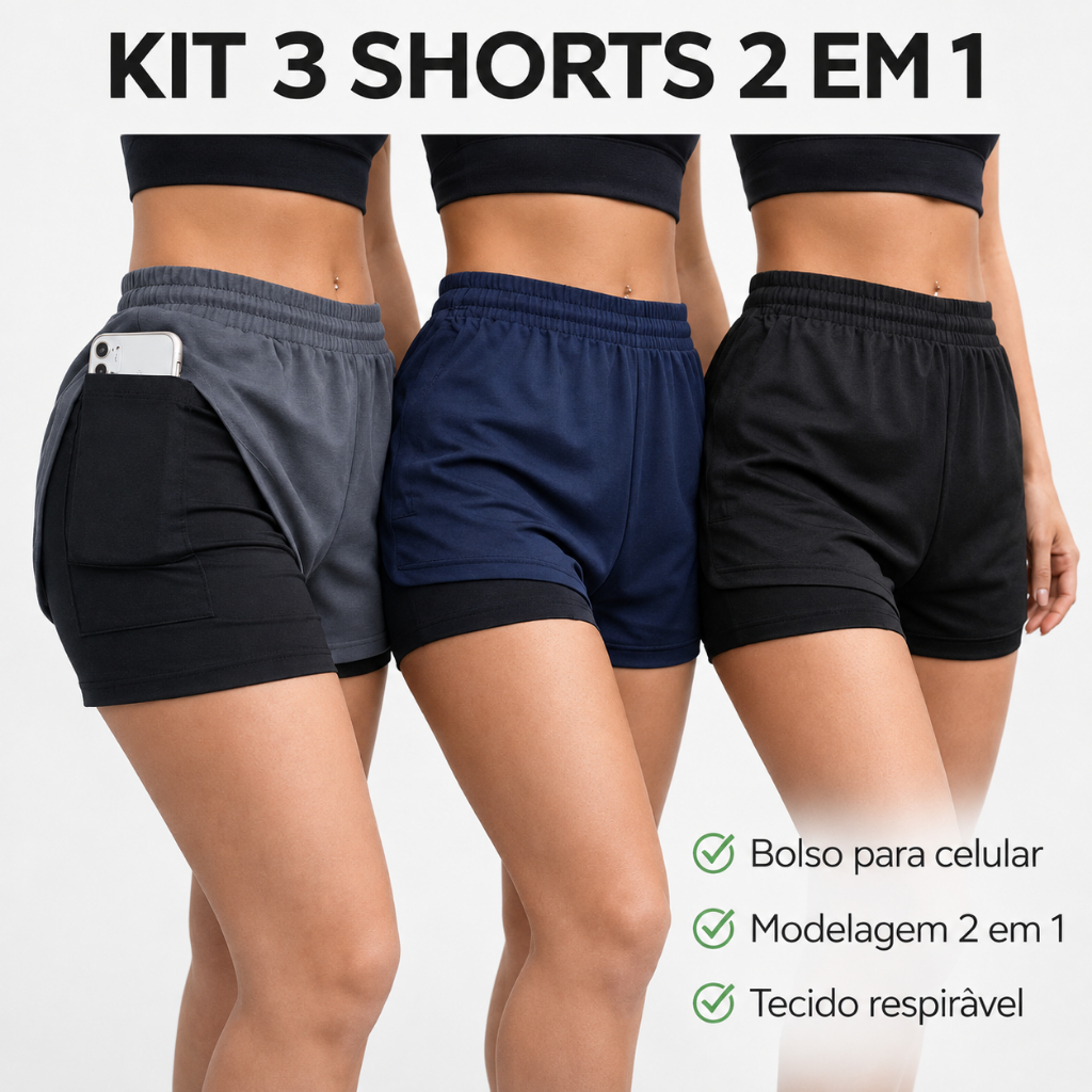Kit 3 Shorts compressão 2 em 1 Feminino para academia caminhadas e corrida Fitness Dry fit